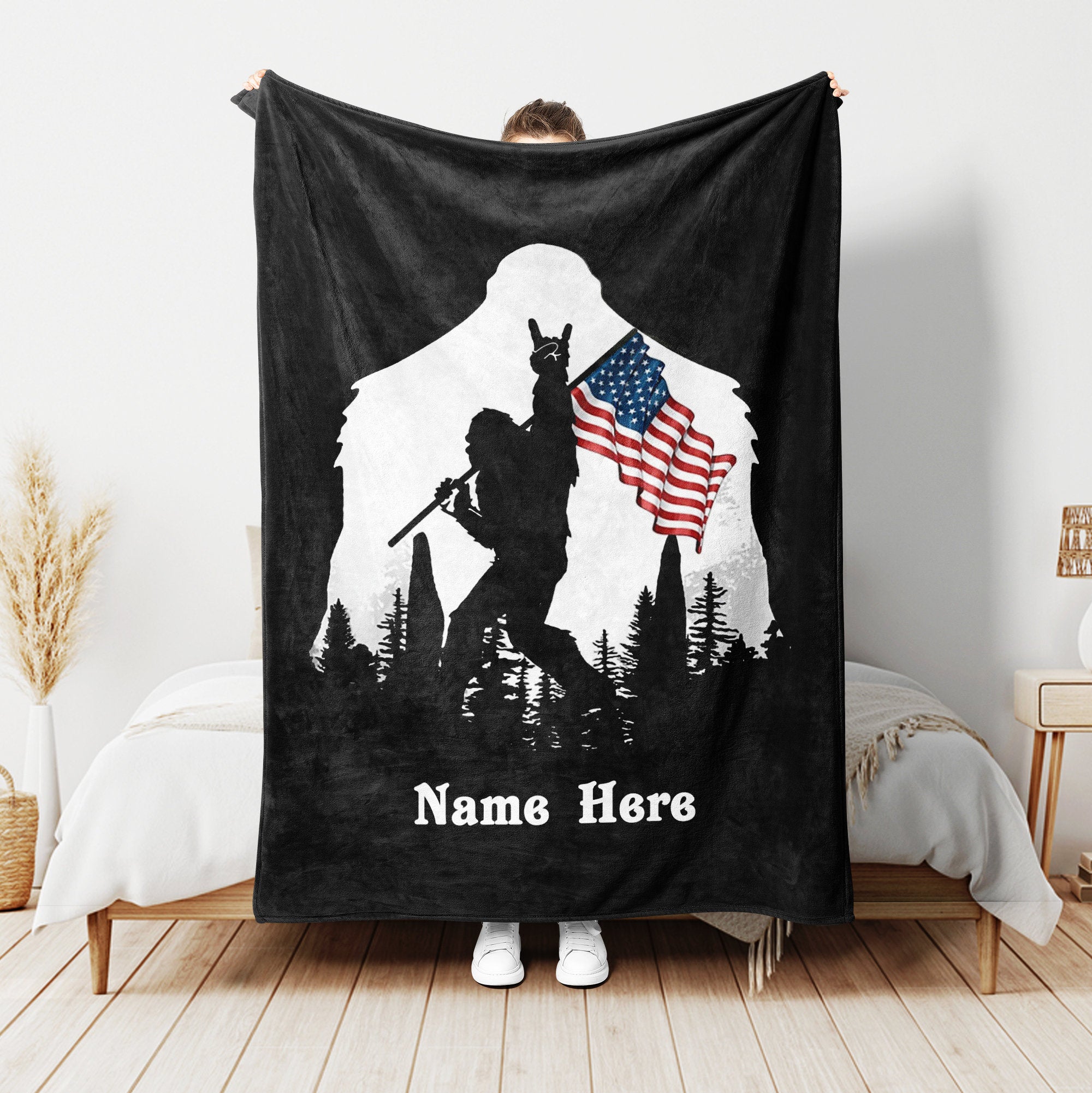 Petmytshirt Bigfoot Blanket Bigfoot And US Flag Blanket Custom Name Unique Gift