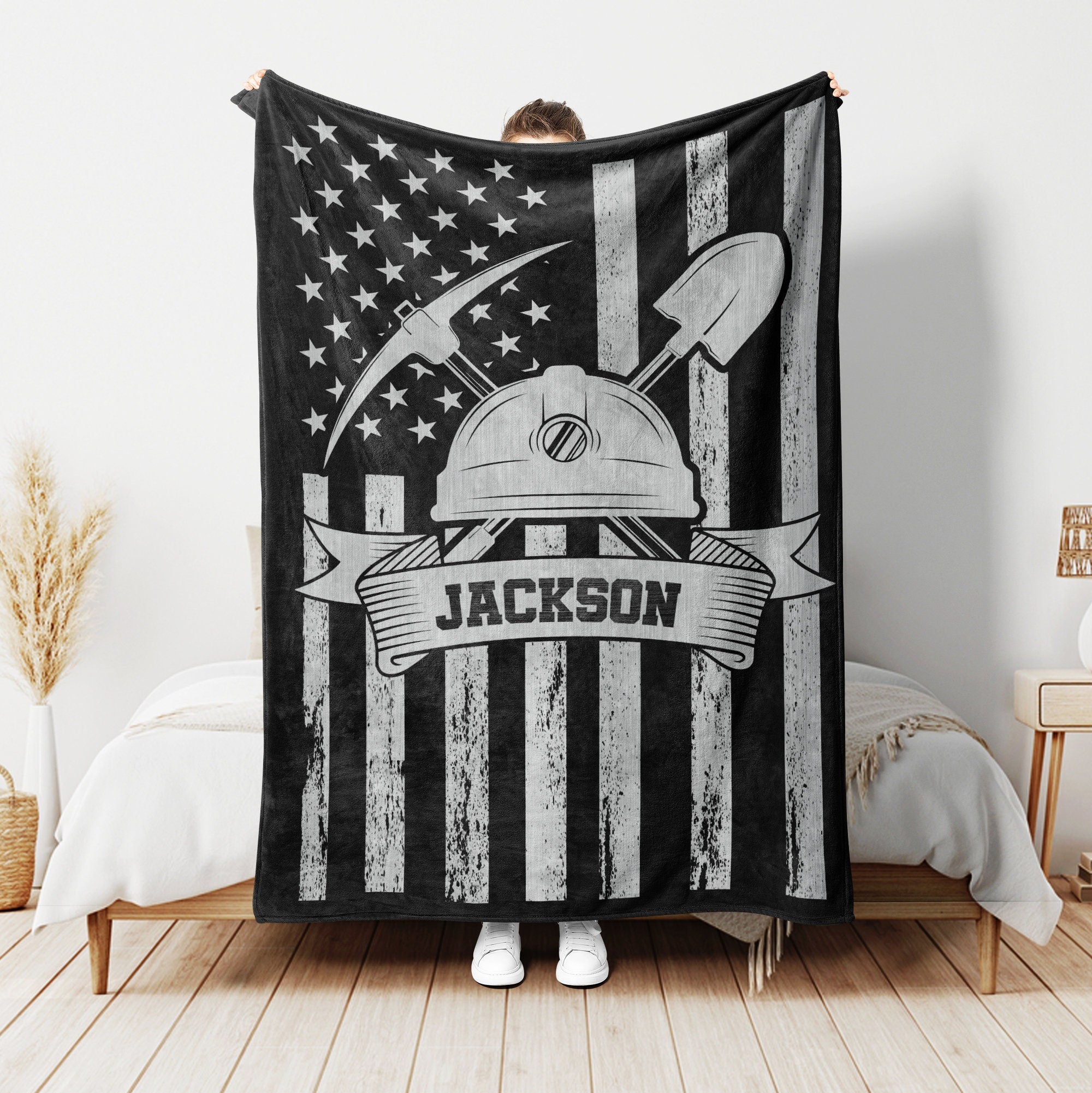 Petmytshirt Coal Miner Blanket US Flag Blanket Custom Name Gift For Dad Husband Boyfriend Son