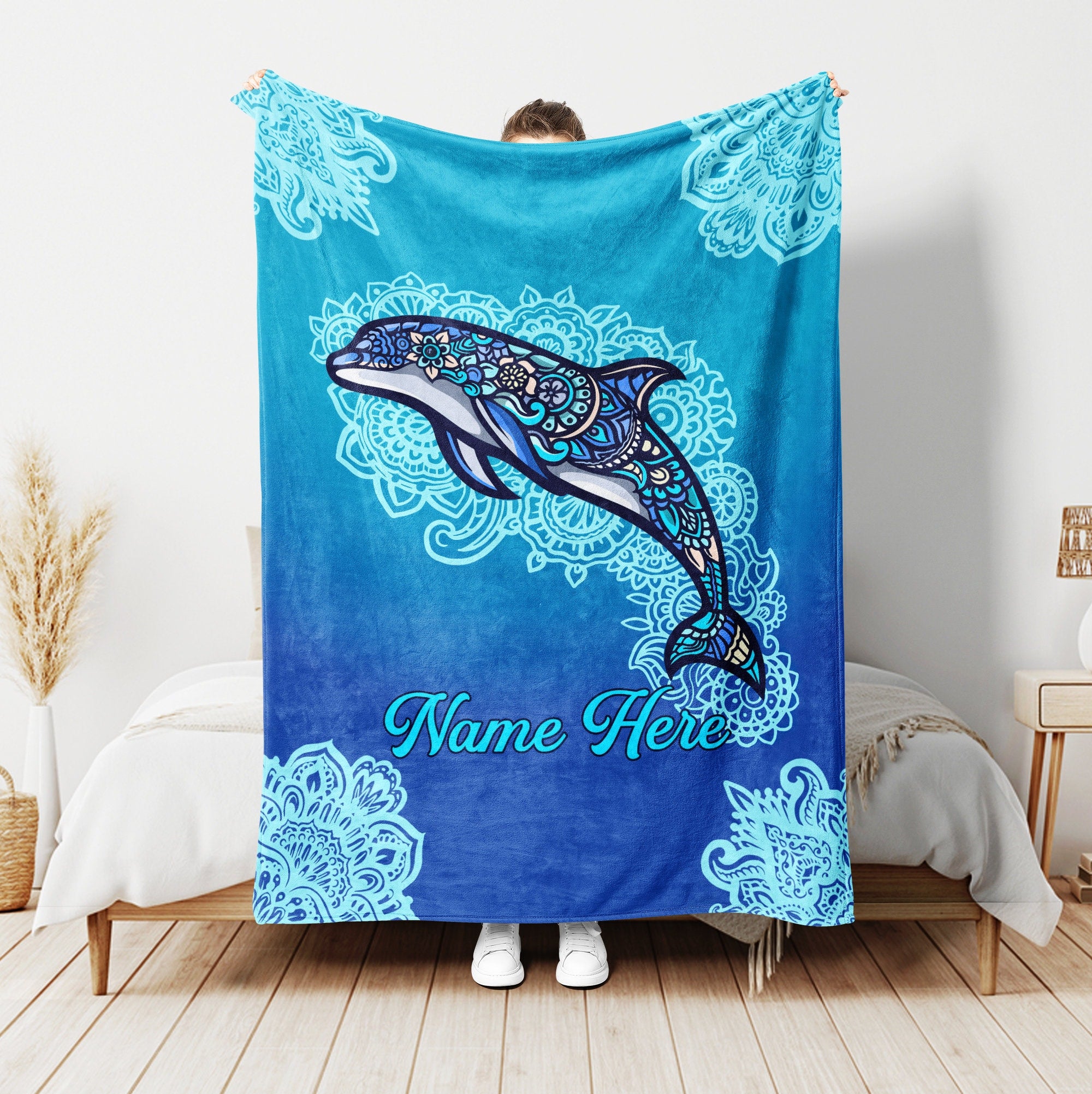 Petmytshirt Dolphin Blanket Dolphin Mandala Blanket Custom Name Gift for Dolphin Lover