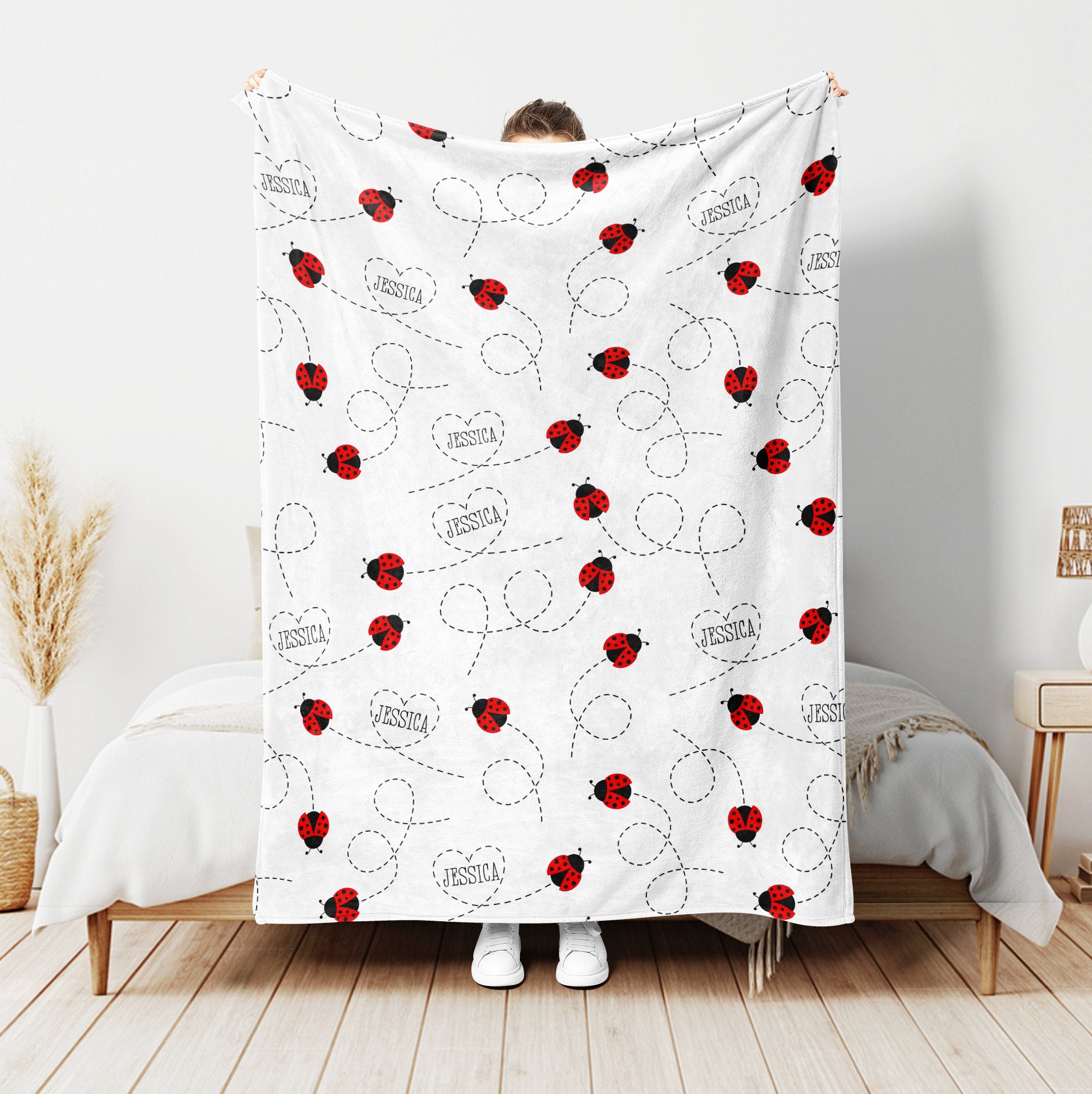 Petmytshirt Ladybug Blanket Ladybug Floral Blanket Custom Name Gift for Ladybug Lover