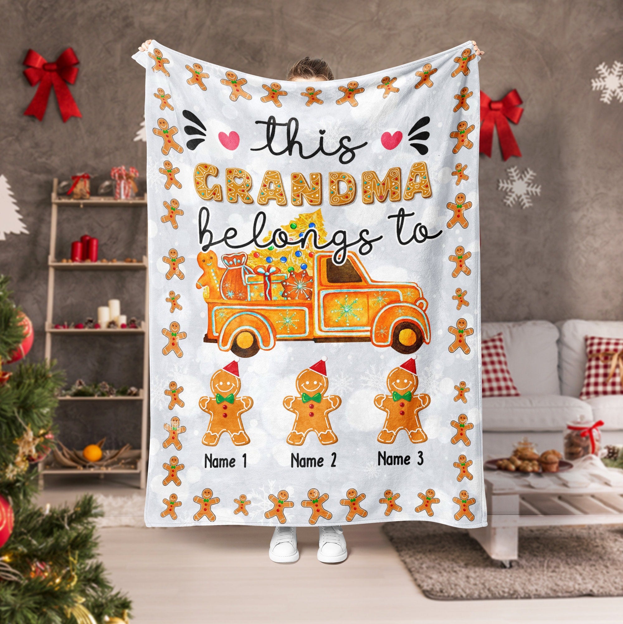 Petmytshirt Grandma Blanket Gingerbread Blanket Custom Kid's Name Christmas Gift for Grandma Mom