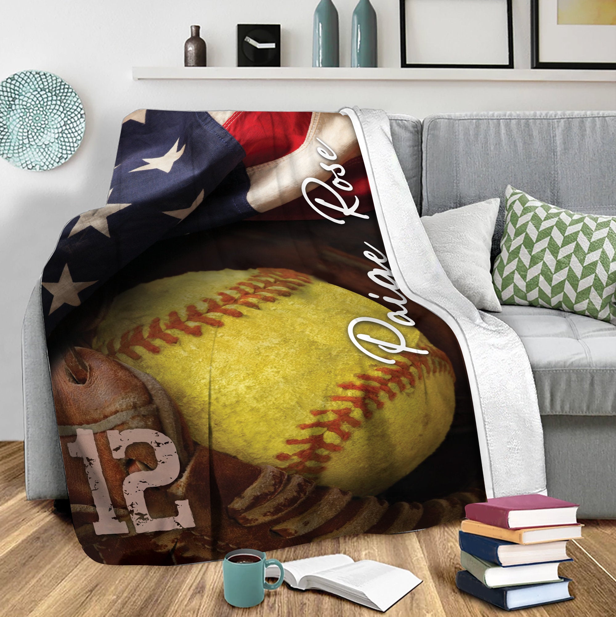 Petmytshirt Softball Blanket Ball And Glove US Flag Custom Gift for Mom Wife Girlfriend Daughter