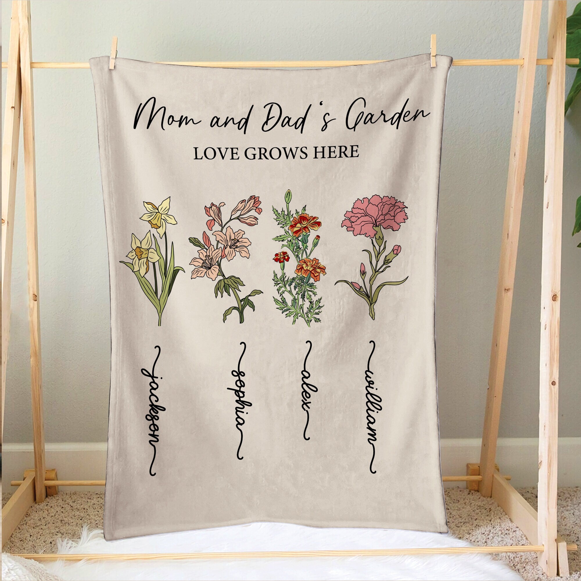 Petmytshirt Mom And Dad's Garden Blanket Birth Flower Custom Gift for Mom Dad Grandma Grandpa