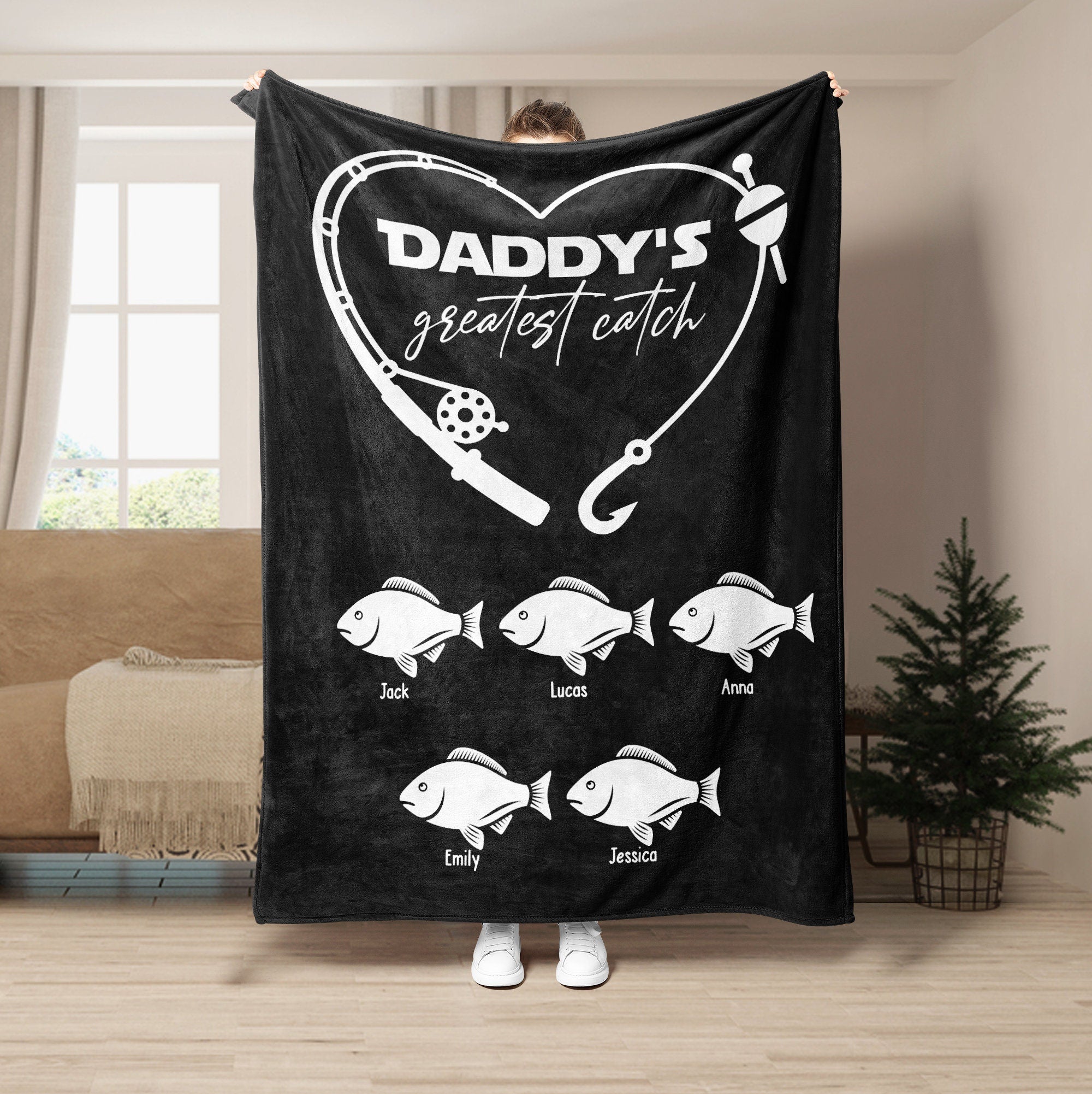 Petmytshirt Fishing Dad Blanket Daddy's Greatest Catch Blanket Custom Soft Sherpa Fleece Throw Blankets