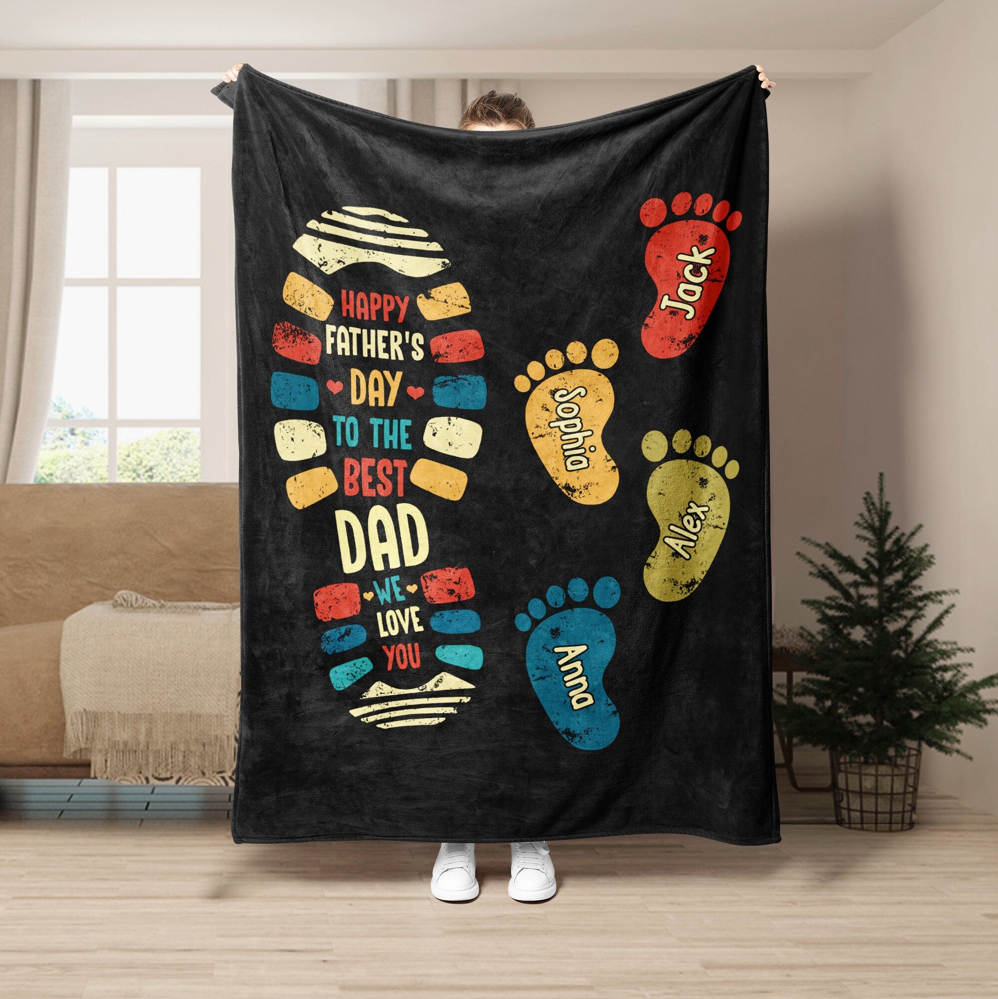 Petmytshirt Dad Blanket Dad And Kids Footprints Blanket Custom Name Soft Cozy Sherpa Fleece Throw Blankets