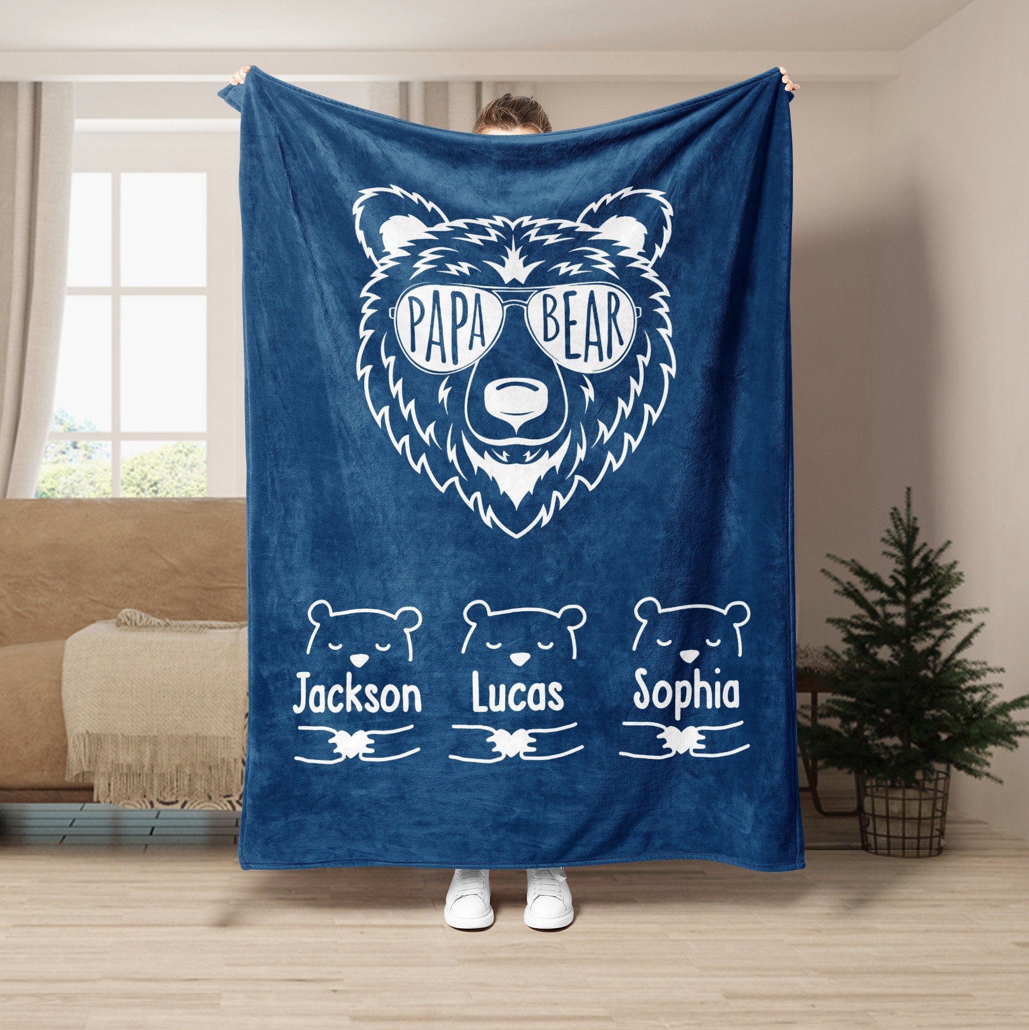 Petmytshirt Papa Bear Blanket Dad Blanket Custom Names Father's Day Gift