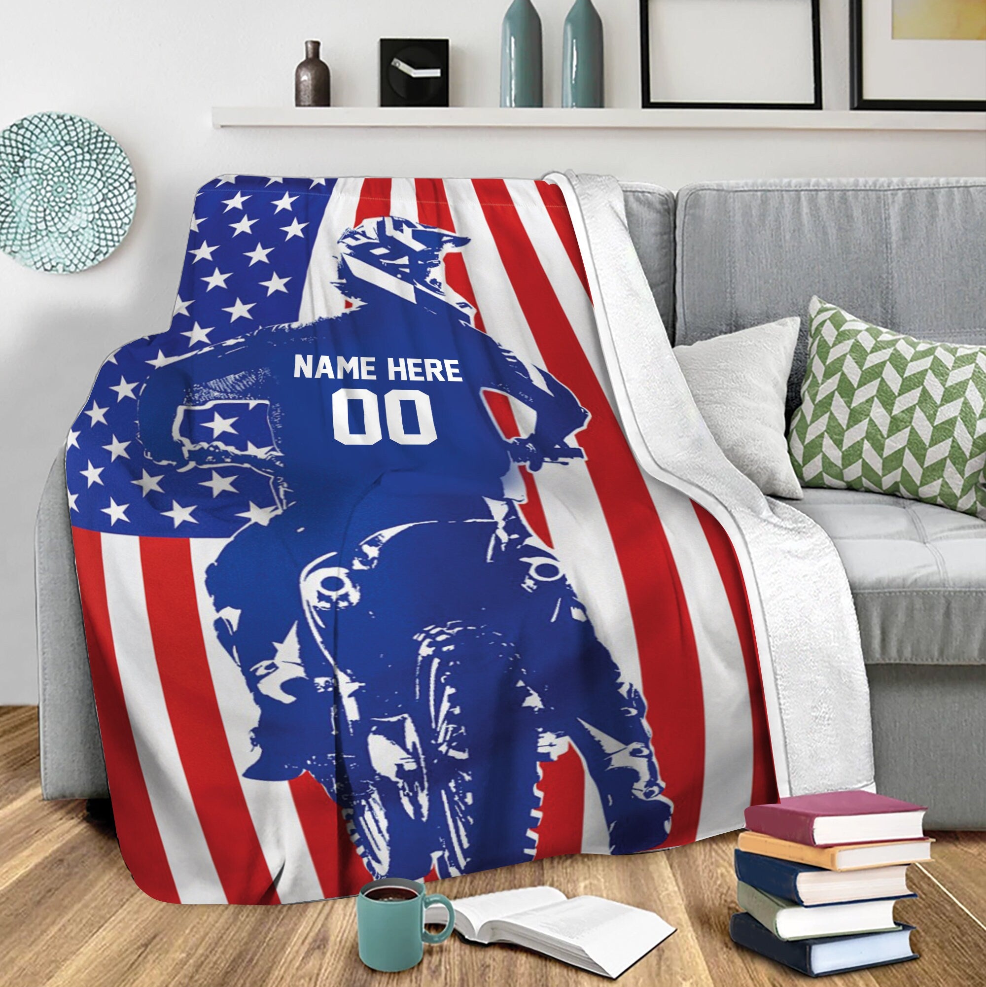Petmytshirt Motocross Blanket Dirt Bike US Flag Soft Cozy Sherpa Fleece Throw Blanket Custom Gift for Dad Husband Boyfriend Son Biker