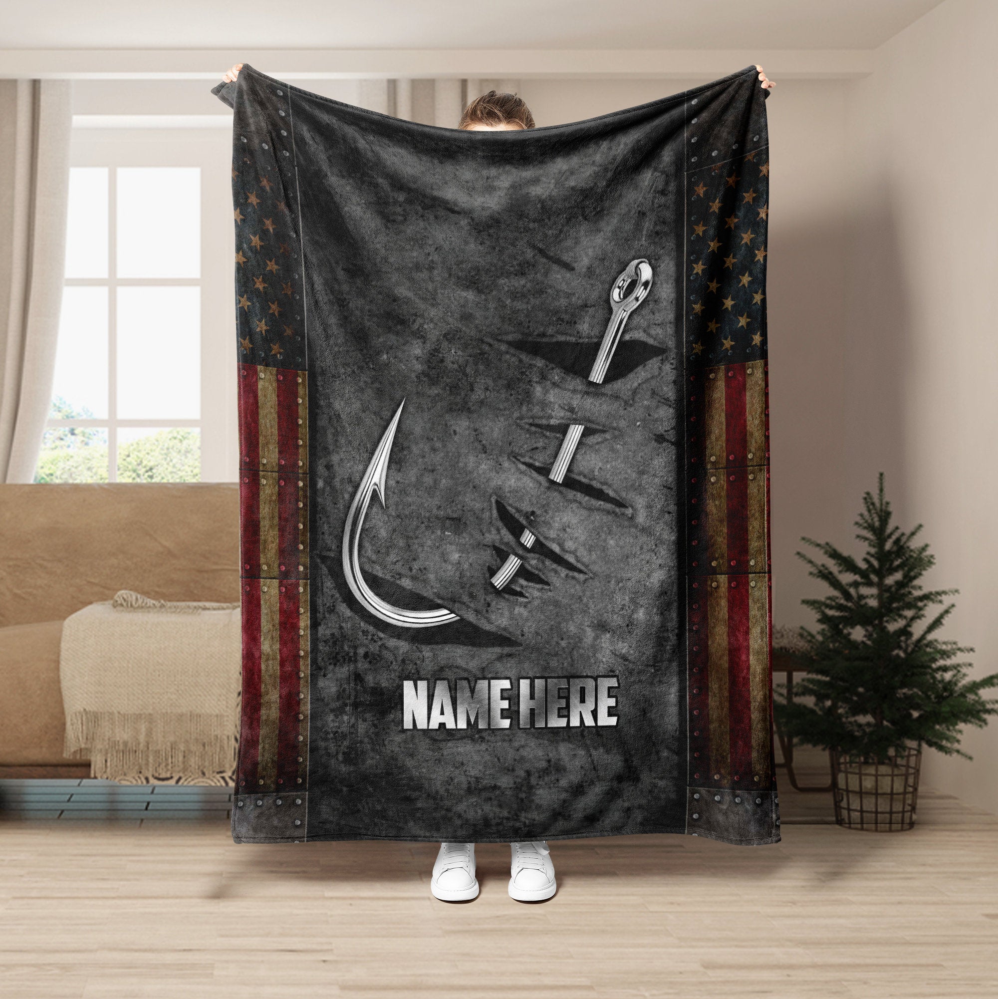 Petmytshirt Fishing Blanket Fishing Hook And US Flag Custom Gift for Dad Husband Fisherman
