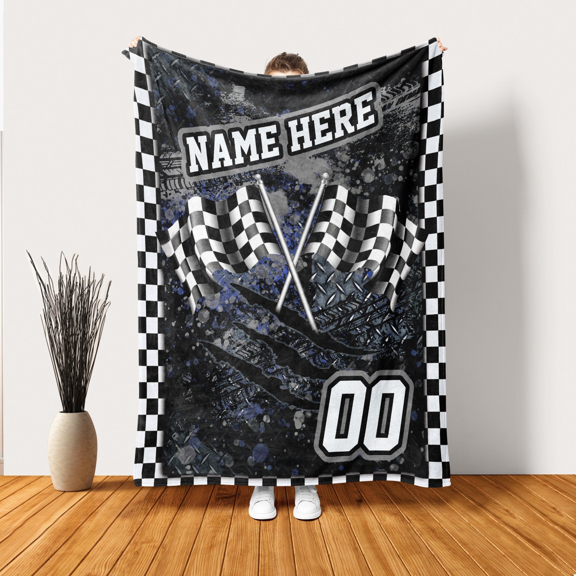 Petmytshirt Racing Blanket Custom Number Checkered Flag Racing Gift for Dad Racer Boyfriend Son