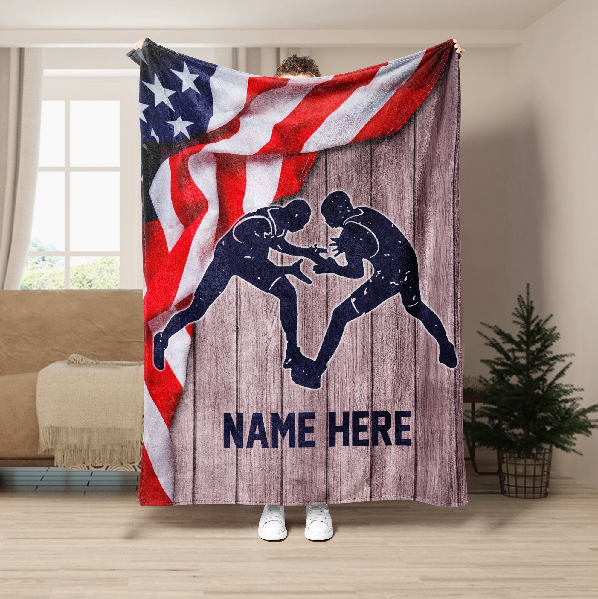 Petmytshirt Wrestling Blanket Wrestler And US Flag Custom Gift for Dad Husband Boyfriend Son
