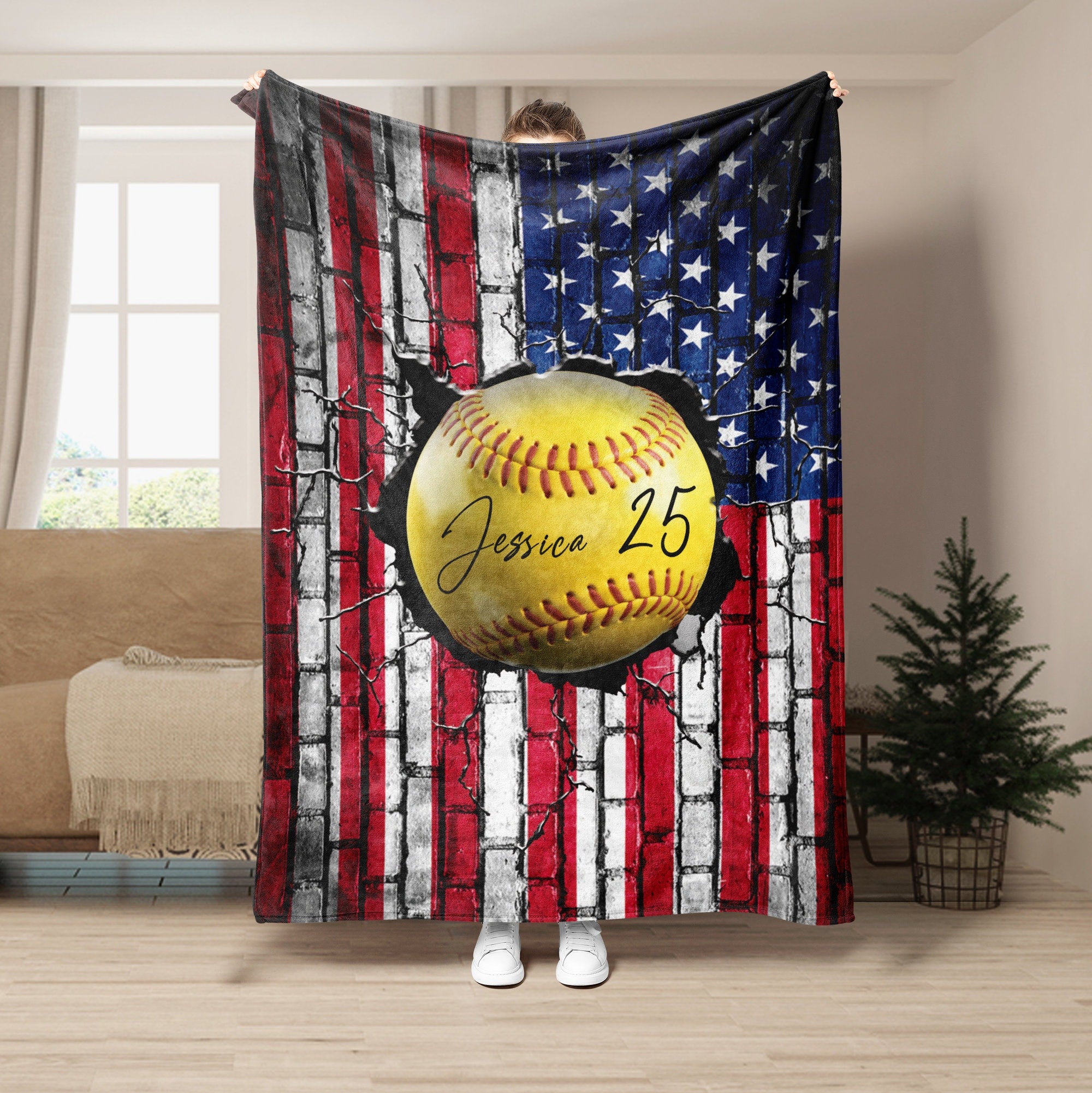 Petmytshirt Softball Blanket Ball And US Flag Blanket Custom Softball Gift for Mom Daughter Kid