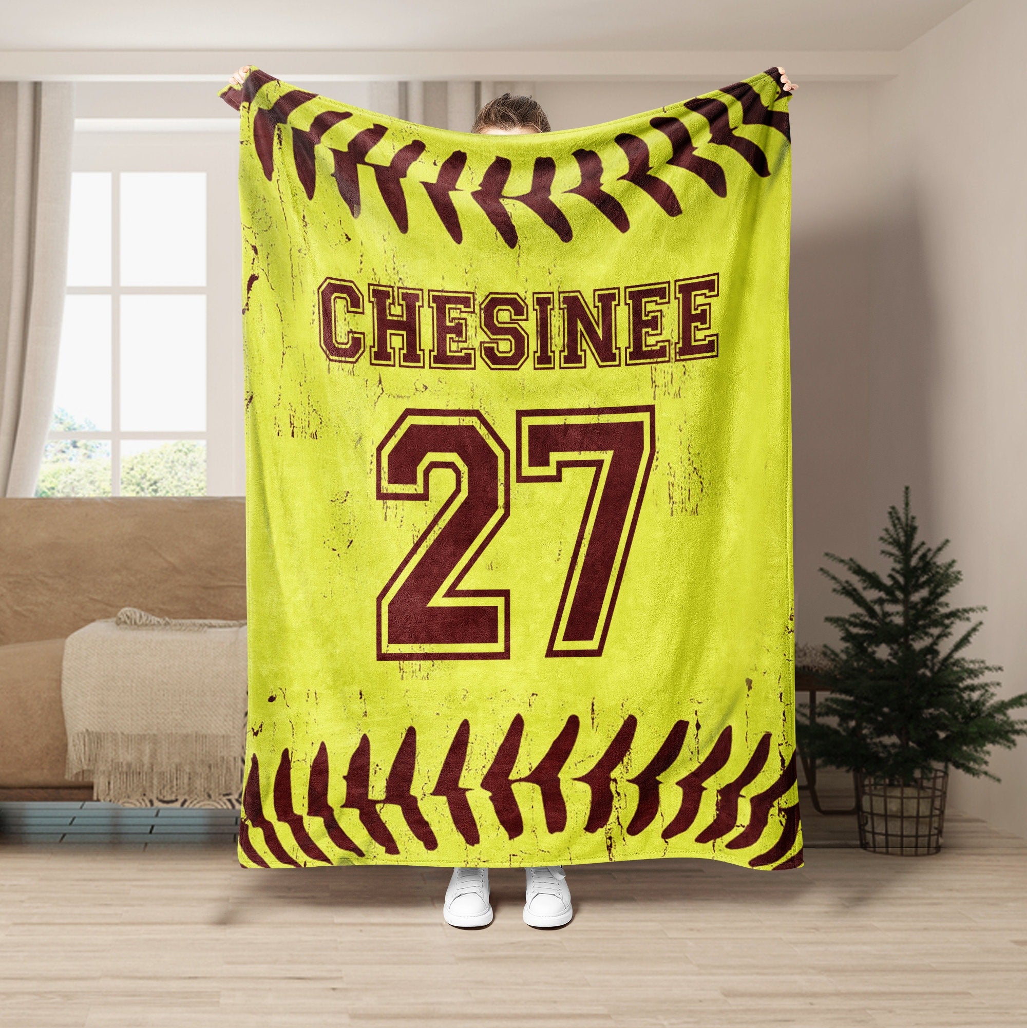 Petmytshirt Softball Blanket Yellow Ball Custom Softball Gift for Mom Wife Girlfriend Daughter