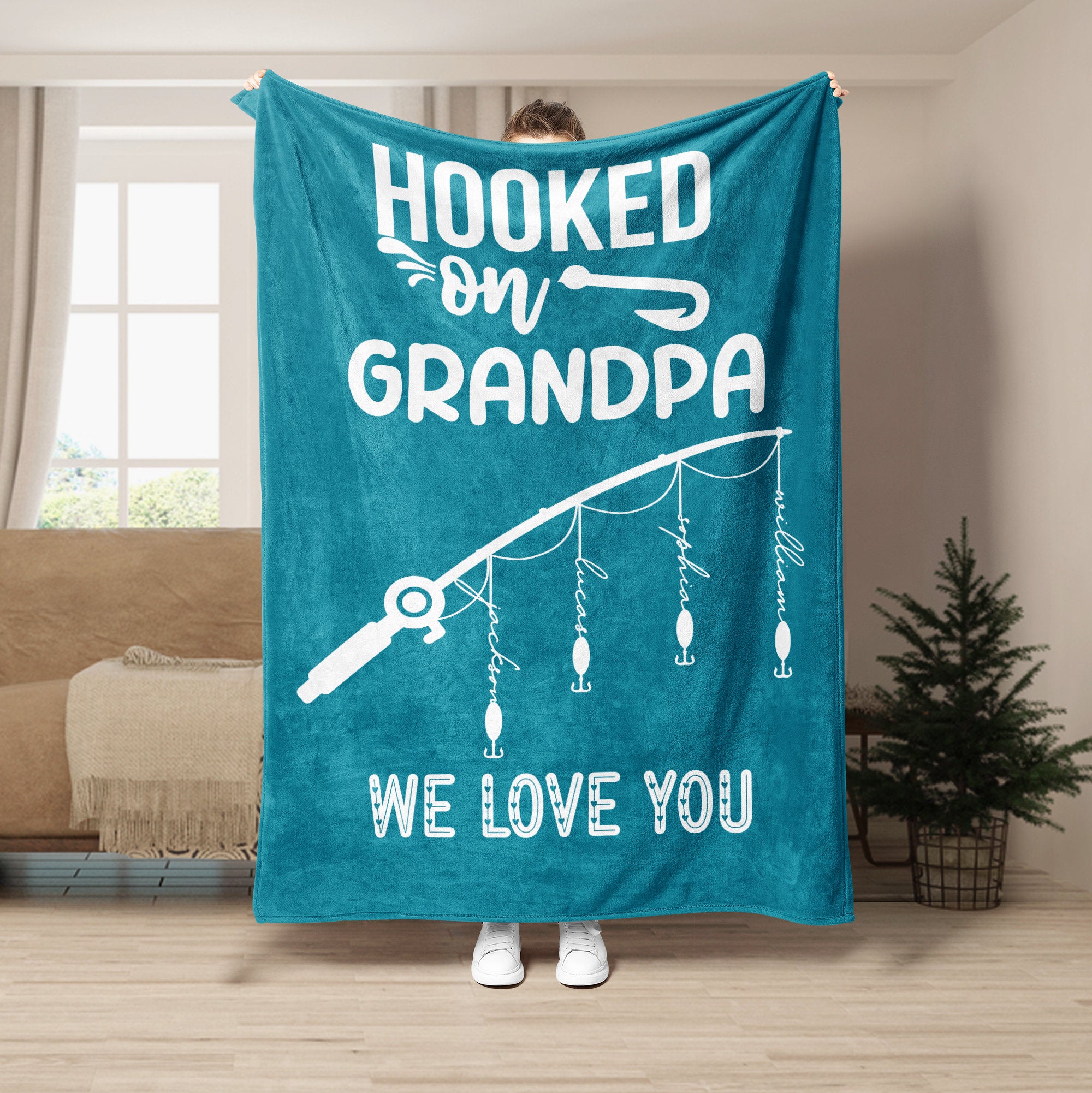 Petmytshirt Fishing Grandpa Blanket Hooked On Grandpa Custom Gift for Grandpa Father's Day Gift