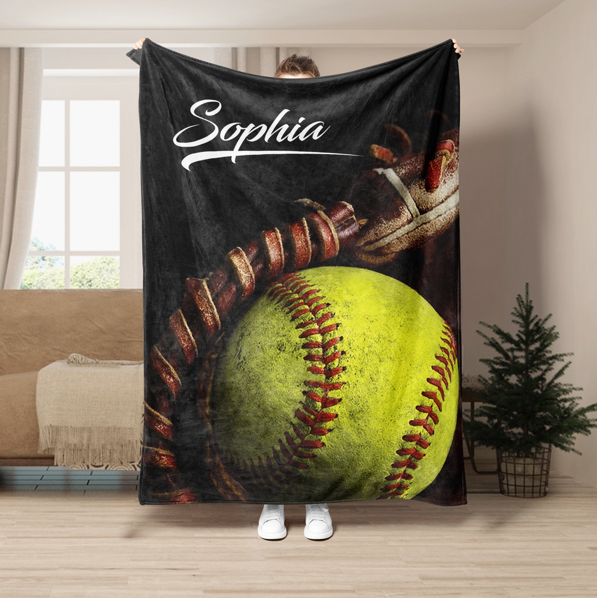 Petmytshirt Softball Blanket Softball Ball And Glove Custom Gift for Mom Wife Girlfriend Daughter