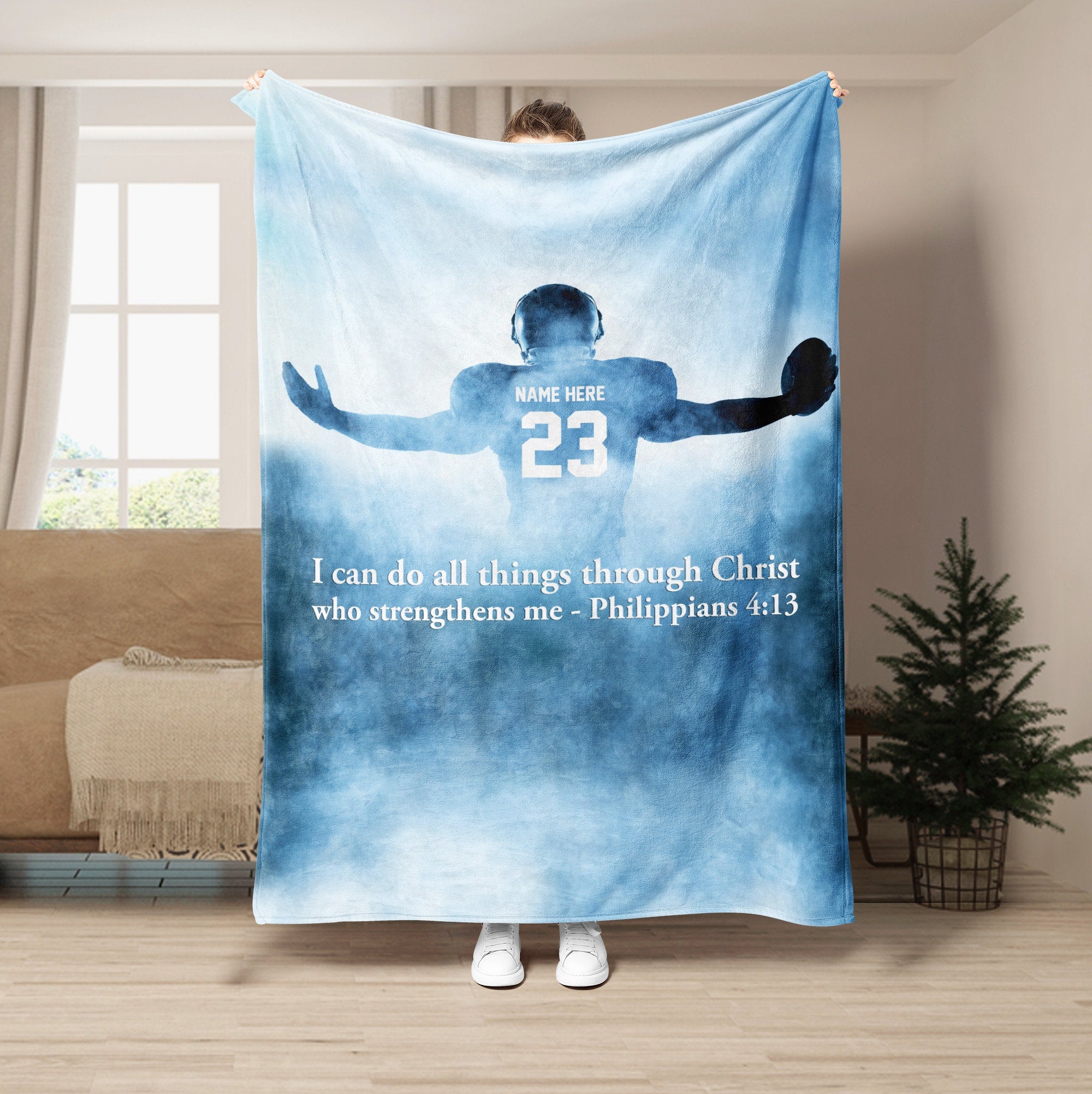 Petmytshirt Football Blanket Christian Football Player Soft Cozy Sherpa Fleece Throw Blanket Custom Gift for Dad Husband Boyfriend Son