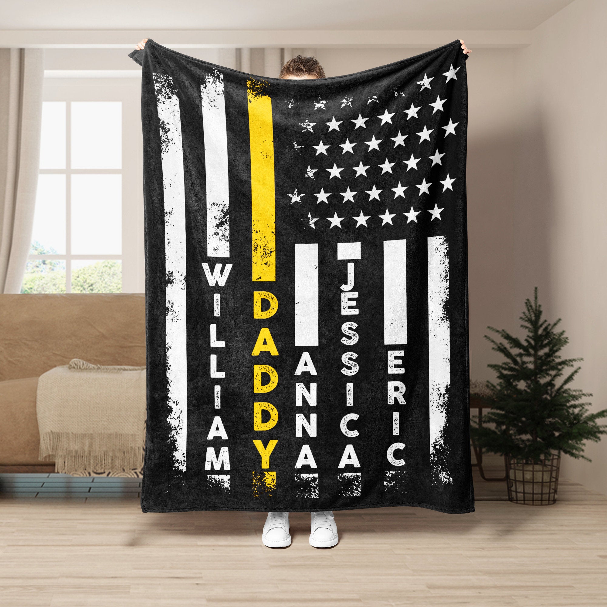 Petmytshirt Dad Blanket US Flag Custom Kid Names Blanket Father's Day Gift