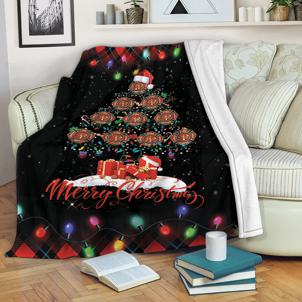 Firefighter Blanket Merry Christmas Tree Sherpa Fleece Blanket Soft Cozy Plush Throw Blanket For Husband Son