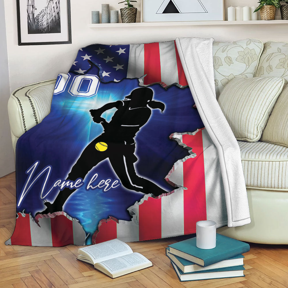 Petmytshirt Softball Blanket US Flag Softball Batter Softball Girl Sherpa Fleece Blanket Soft Cozy Plush Throw Blanket
