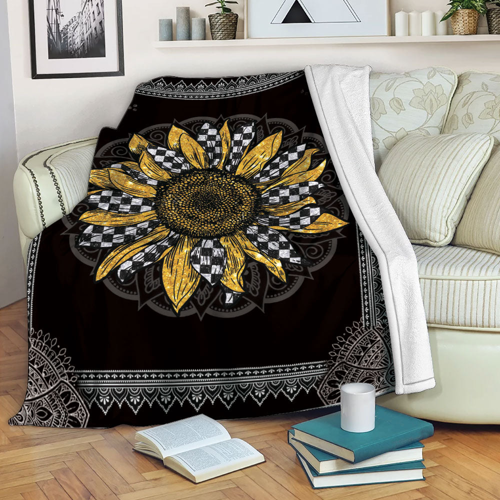 Racing Blanket Racing Racer Checkered Sunflower Mandala Vintage Sherpa Fleece Blanket Soft Cozy Plush Throw Blanket