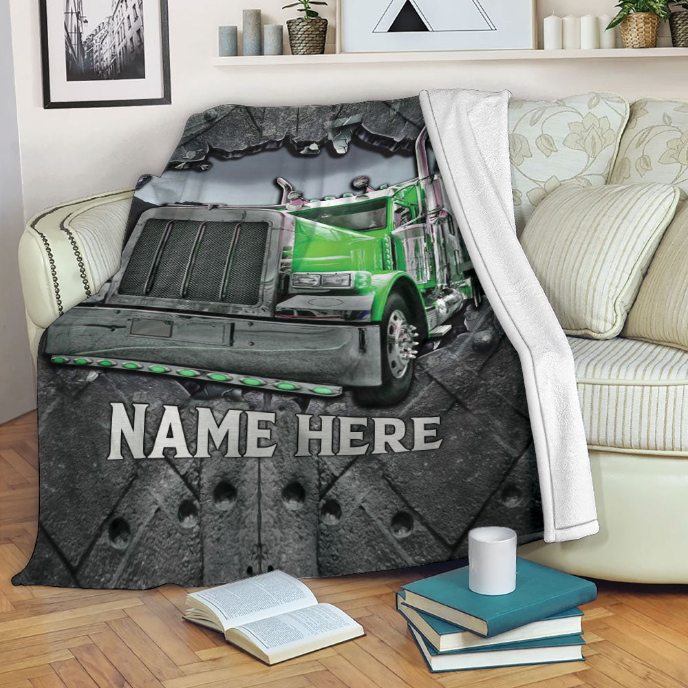 Petmytshirt Truck Blanket Green Truck Crack Pattern Trucker Gift Sherpa Fleece Blanket Custom Name Soft Cozy Plush Throw Blanket