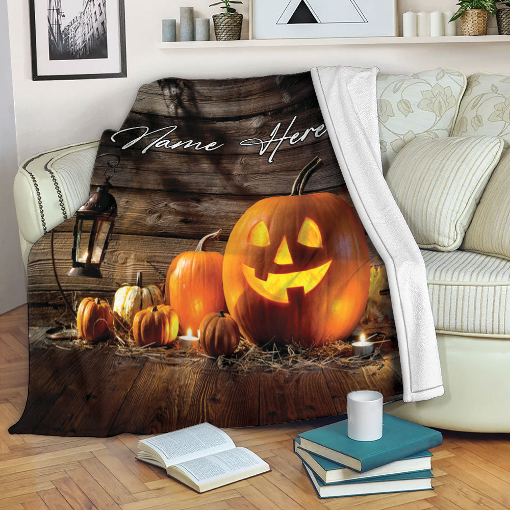 Petmytshirt Halloween Blanket Halloween Pumpkin Head Jack Lantern On Sherpa Fleece Blanket Custom Name Soft Cozy Plush Throw Blanket