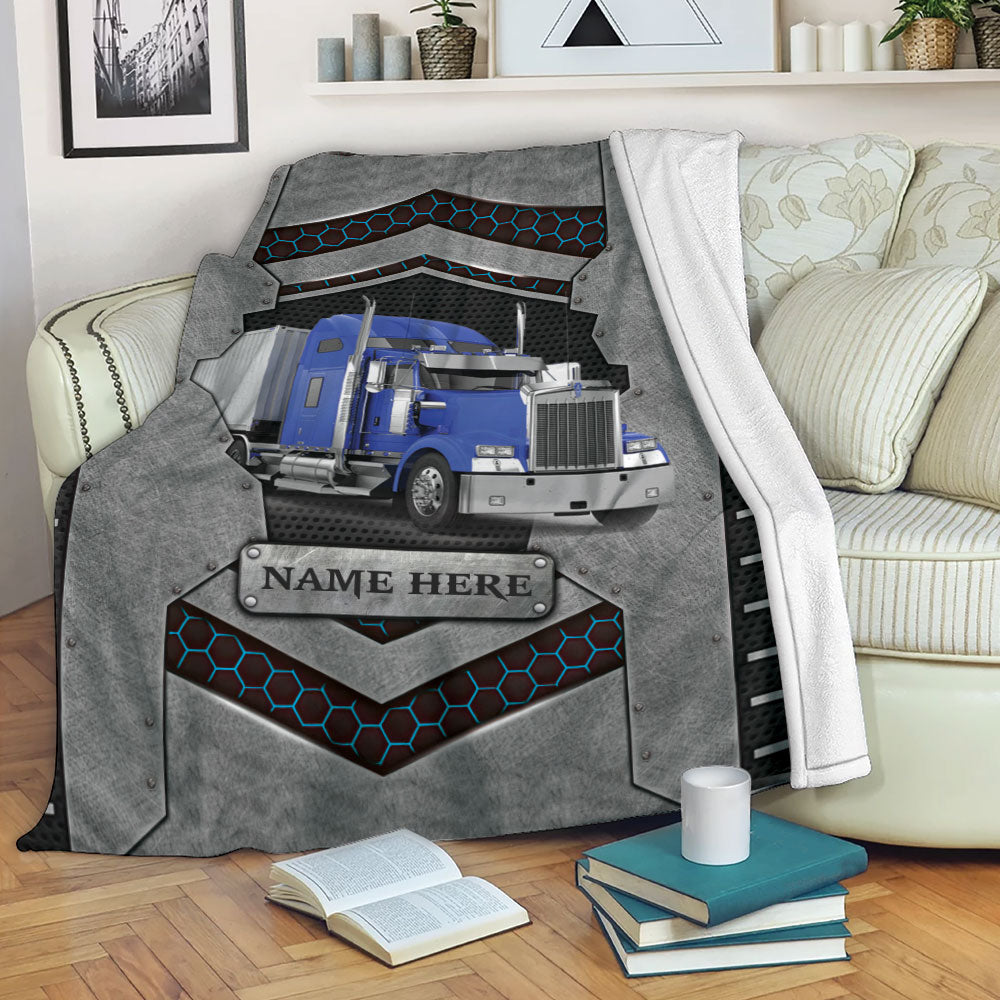 Petmytshirt Truck Blanket Blue Truck Trucker Truck Driver Carbon Stone Sherpa Fleece Blanket Custom Name Soft Cozy Plush Throw Blanket