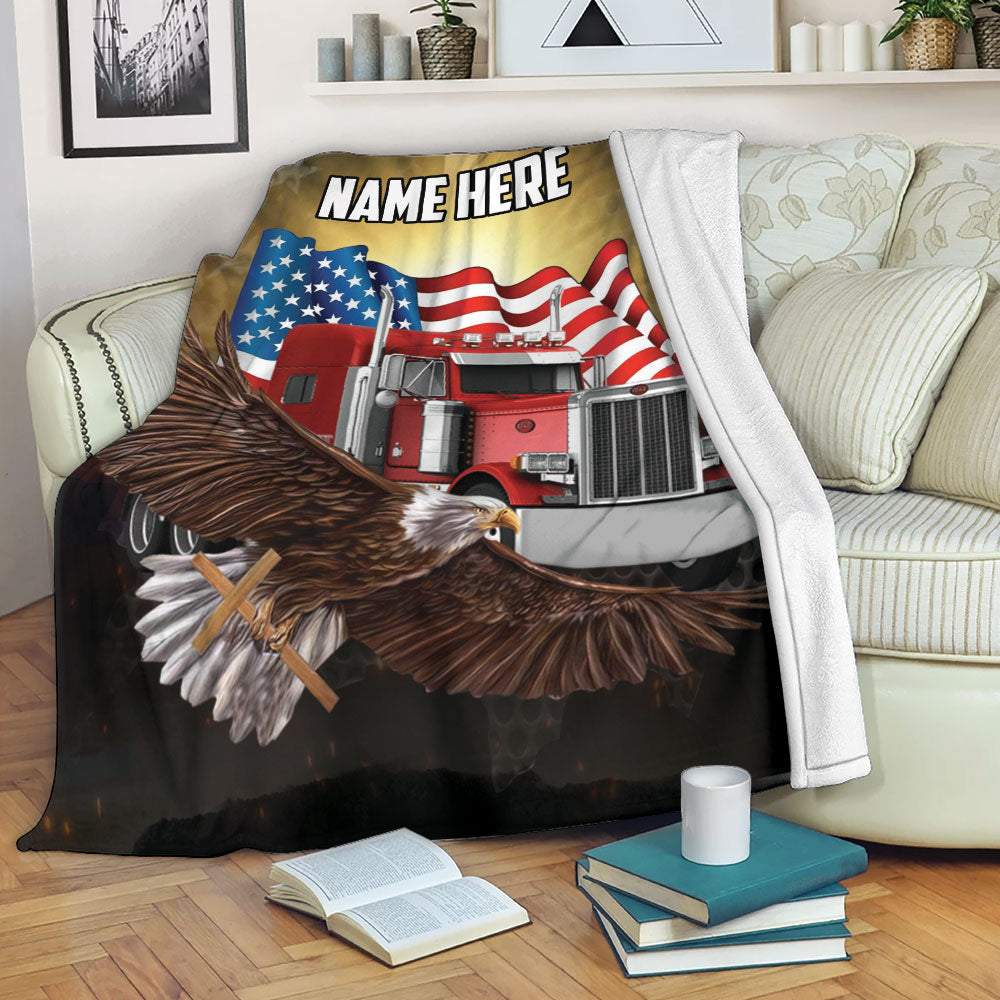 Petmytshirt Trucker Blanket Truck and Eagle Sherpa Fleece Blanket Custom Name Soft Cozy Plush Throw Blanket For Men Husband Trucker