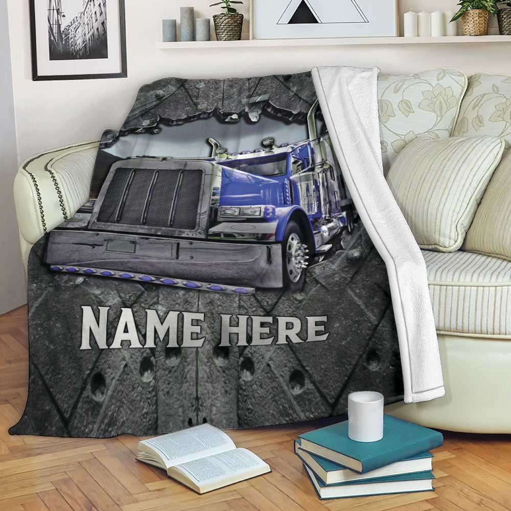 Petmytshirt Truck Blanket Blue Truck Crack Pattern Trucker Gifts Sherpa Fleece Blanket Custom Name Soft Cozy Plush Throw Blanket
