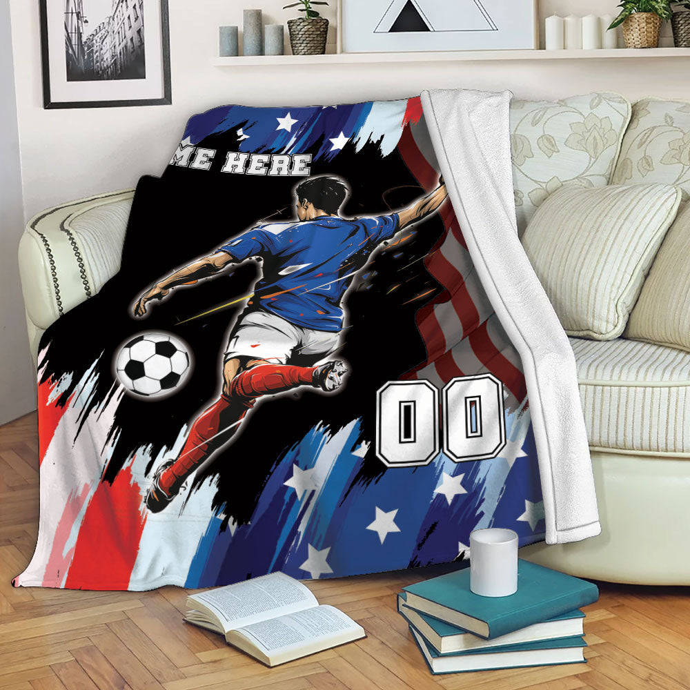 Petmytshirt Soccer Blanket US Flag Soccer Player Sherpa Fleece Blanket Custom Name Number Soft Cozy Plush Throw Blanket