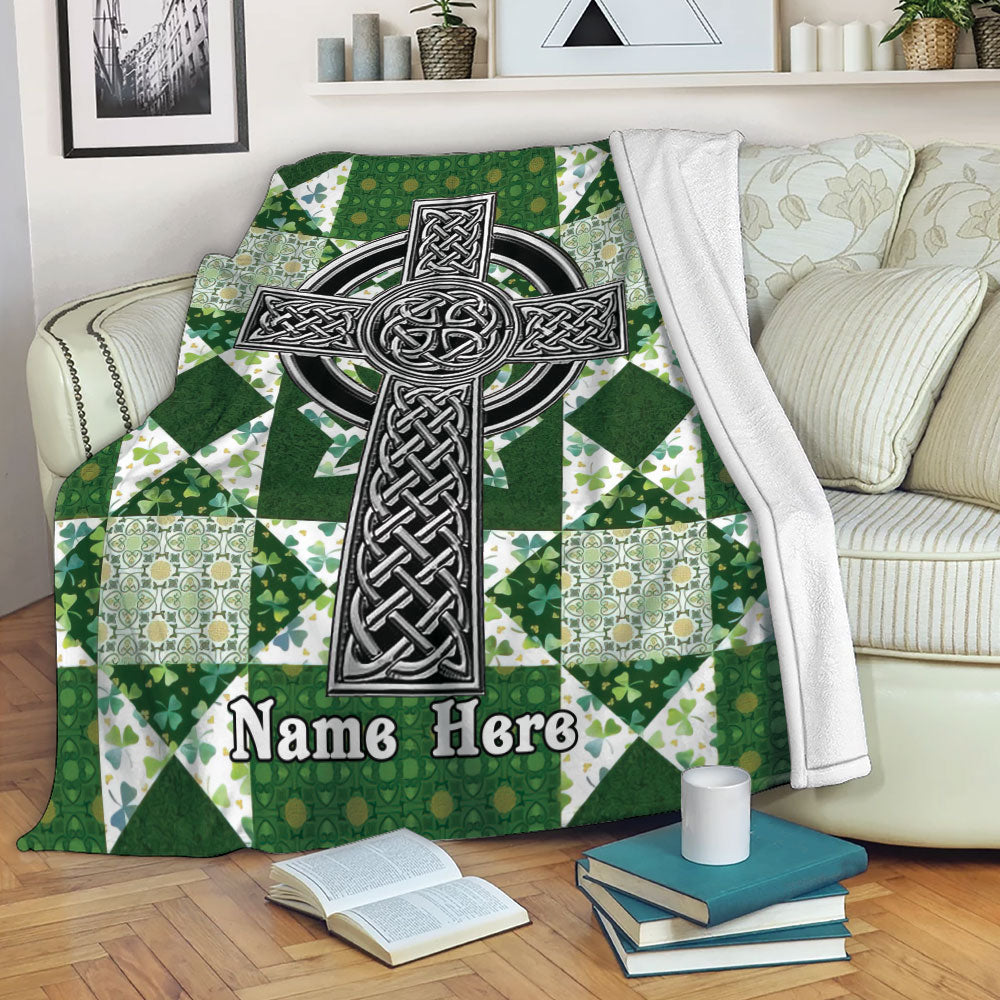 Petmytshirt Blanket Irish Celtic Knot Shamrock Green And White Patchwork Sherpa Fleece Blanket Custom Name Soft Cozy Plush Throw Blanket