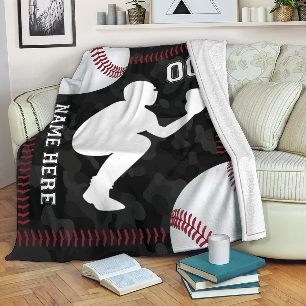 Petmytshirt Baseball Blanket Baseball Catcher Sherpa Fleece Blanket Custom Name Number Soft Cozy Plush Throw Blanket For Boy Son