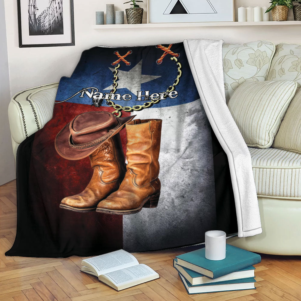 Petmytshirt Cowboy Blanket Hat And Boots And Texas Flag Sherpa Fleece Blanket Custom Name Soft Cozy Plush Throw Blanket For Cowboy Cowgirl