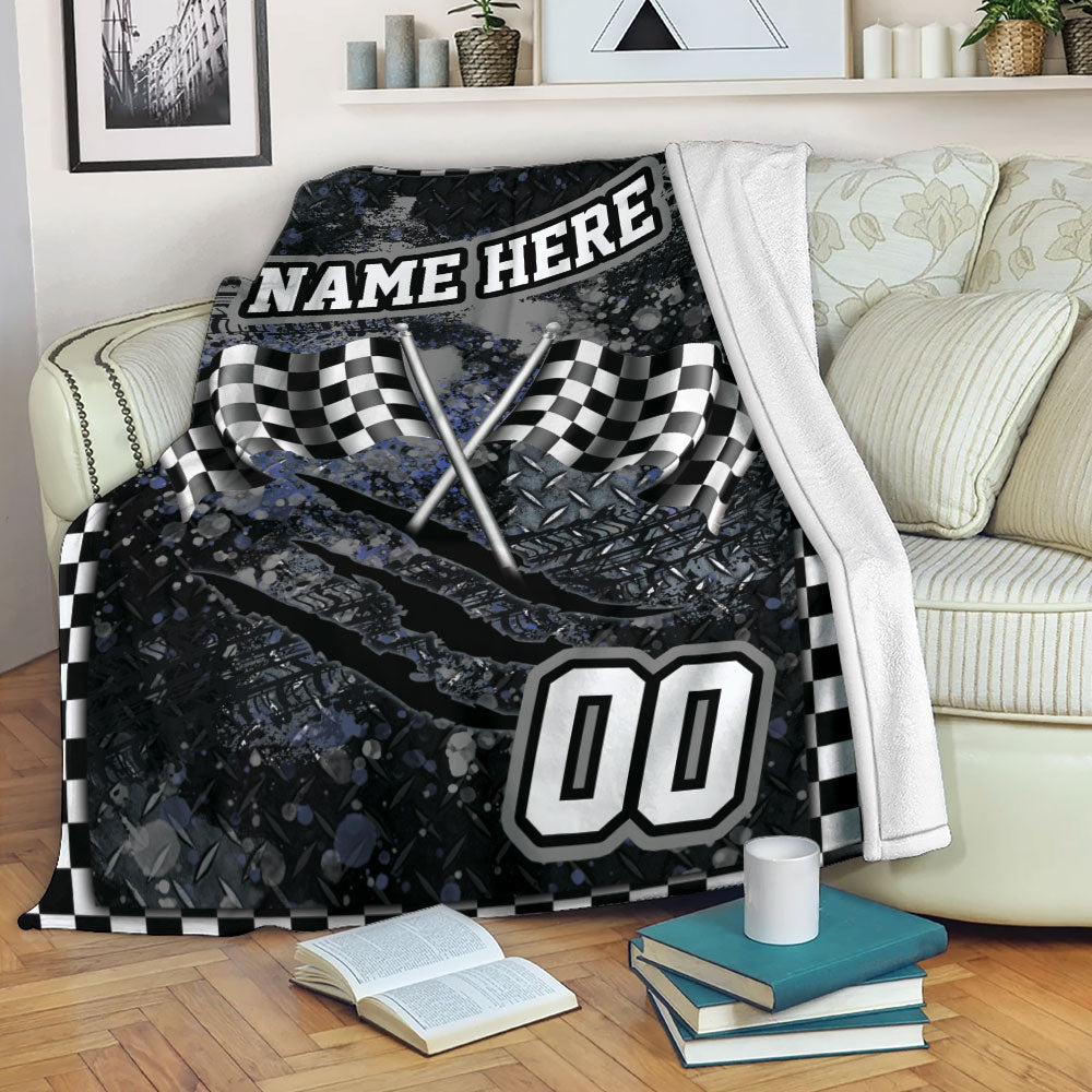 Petmytshirt Racing Blanket Racing Checkered Flag Sherpa Fleece Blanket Custom Name Number Soft Cozy Plush Throw Blanket For Racer Boy