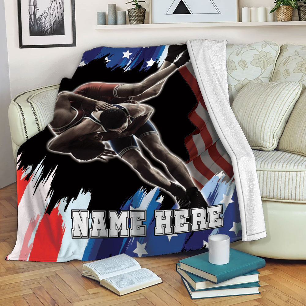 Petmytshirt Wrestling Blanket US Flag Sherpa Fleece Blanket Custom Name Soft Cozy Plush Throw Blanket For Men Boy Son Sports Lover