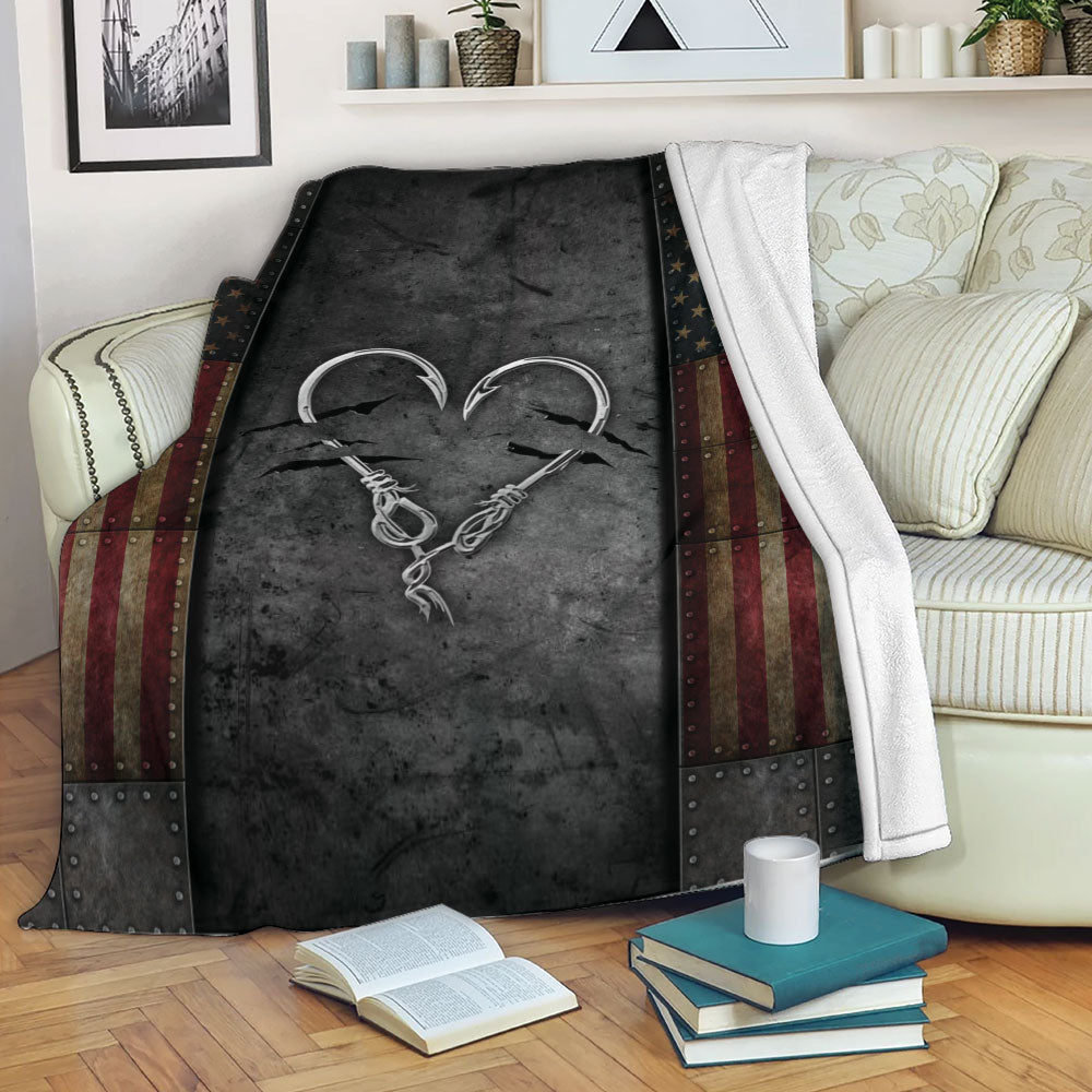 Fishing Blanket Fishing Hook Heart American Fisherman Unique Gift Sherpa Fleece Blanket Soft Cozy Plush Throw Blanket