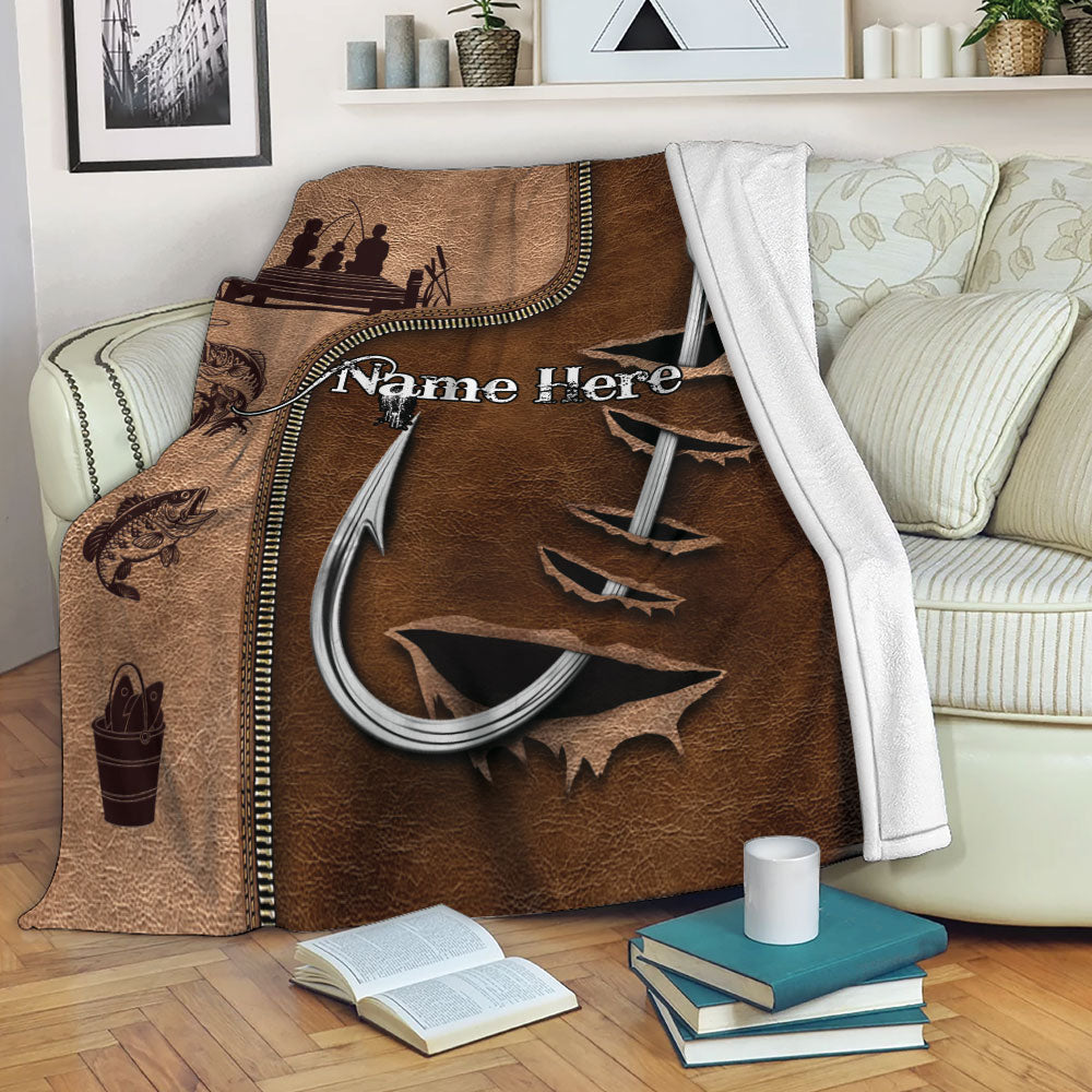 Petmytshirt Fishing Blanket Fishing Hook Brown Pattern Fisherman Gift Sherpa Fleece Blanket Custom Name Soft Cozy Plush Throw Blanket