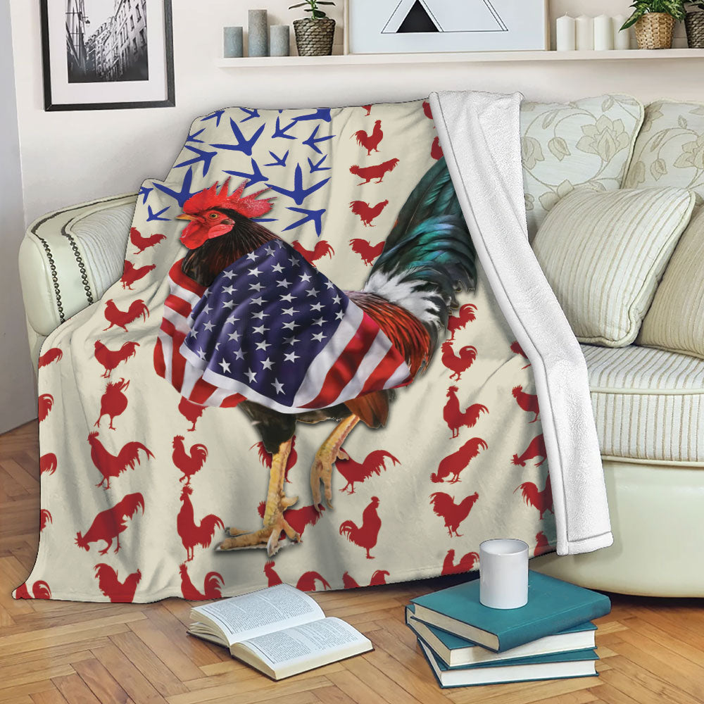 Chicken Blanket Chicken Rooster Patriotic American Flag Pattern Animal Lover Sherpa Fleece Blanket Soft Cozy Plush Throw Blanket
