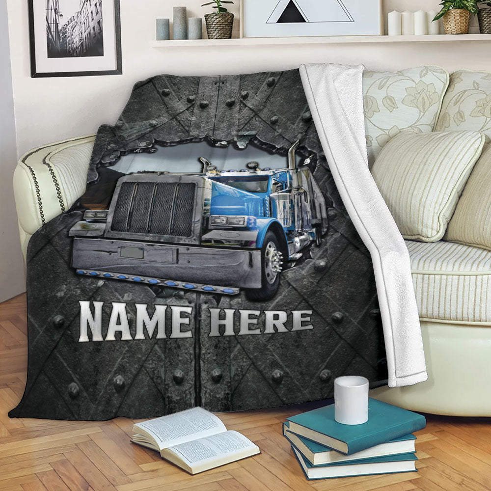 Petmytshirt Truck Blanket Blue Truck Crack Pattern Trucker Gift Sherpa Fleece Blanket Custom Name Soft Cozy Plush Throw Blanket