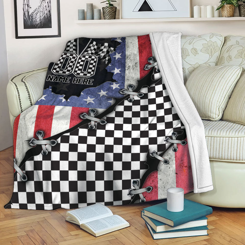 Petmytshirt Racing Blanket Racing Checkered US Flag Sherpa Fleece Blanket Custom Name Number Soft Cozy Plush Throw Blanket For Racer