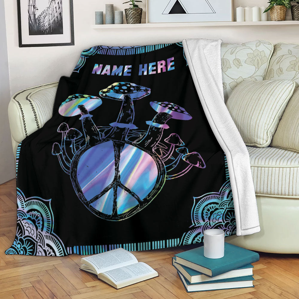 Petmytshirt Mushroom Blanket Hippie Mushroom Mandala Pattern Gift Sherpa Fleece Blanket Custom Name Soft Cozy Plush Throw Blanket