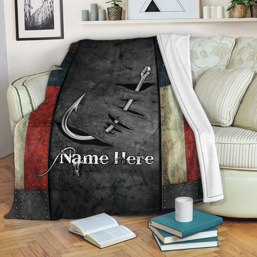 Petmytshirt Fishing Blanket Fishing Hook Texas Flag Fisherman Gift Sherpa Fleece Blanket Custom Name Soft Cozy Plush Throw Blanket