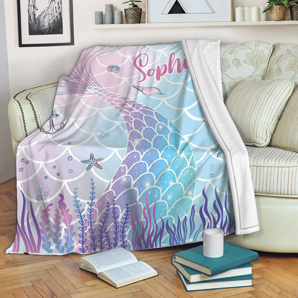 Petmytshirt Mermaid Blanket Ocean Mermaid Scale Pink Blues Women Sherpa Fleece Blanket Custom Name Soft Cozy Plush Throw Blanket