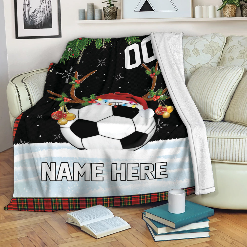 Petmytshirt Soccer Blanket Soccer Ball Reindeer Christmas Sherpa Fleece Blanket Custom Name Number Soft Cozy Plush Throw Blanket