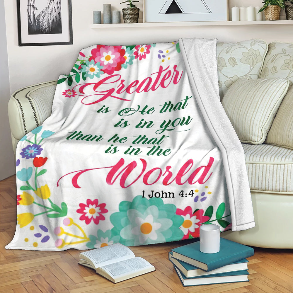 Christian Blanket Greater Is He John 44 God Jesus Bible Verse Christian Flower White Sherpa Fleece Blanket Soft Cozy Plush Throw Blanket
