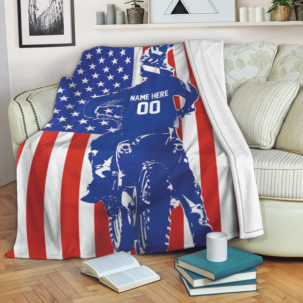 Petmytshirt Biking Blanket Dirt Bike Extreme Us Flag Motocross Sherpa Fleece Blanket Custom Name Number Soft Cozy Plush Throw Blanket