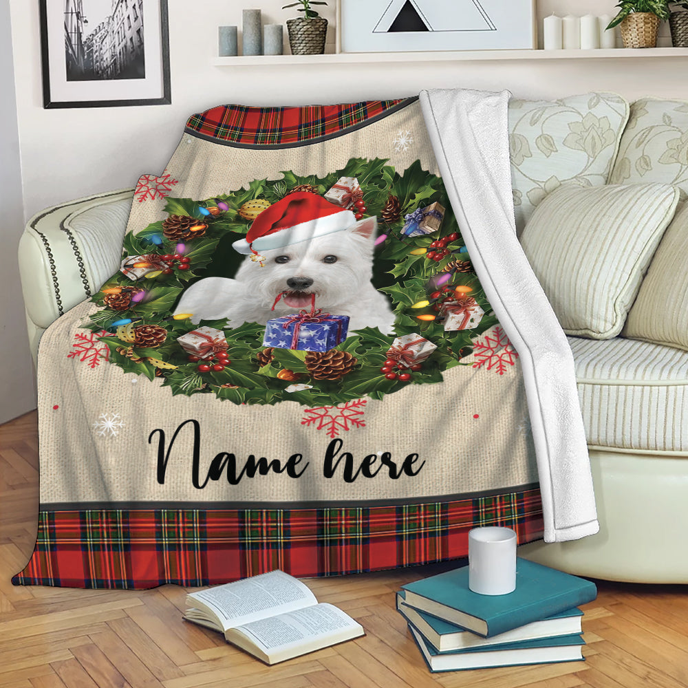 Petmytshirt West Highland Terrier Blanket Wearing Hat and Wreath Sherpa Fleece Blanket Soft Cozy Plush Throw Blanket Christmas Gift