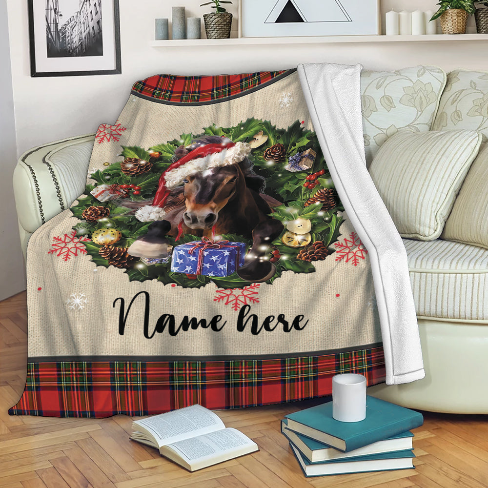 Petmytshirt Horse Blanket Horse Wearing Christmas Hat Wreath Sherpa Fleece Blanket Custom Name Soft Cozy Plush Throw Blanket