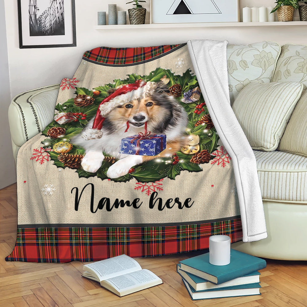 Petmytshirt Rough Collie Blanket Wearing Christmas Hat and Wreath Sherpa Fleece Blanket Soft Cozy Plush Throw Blanket Christmas Gift