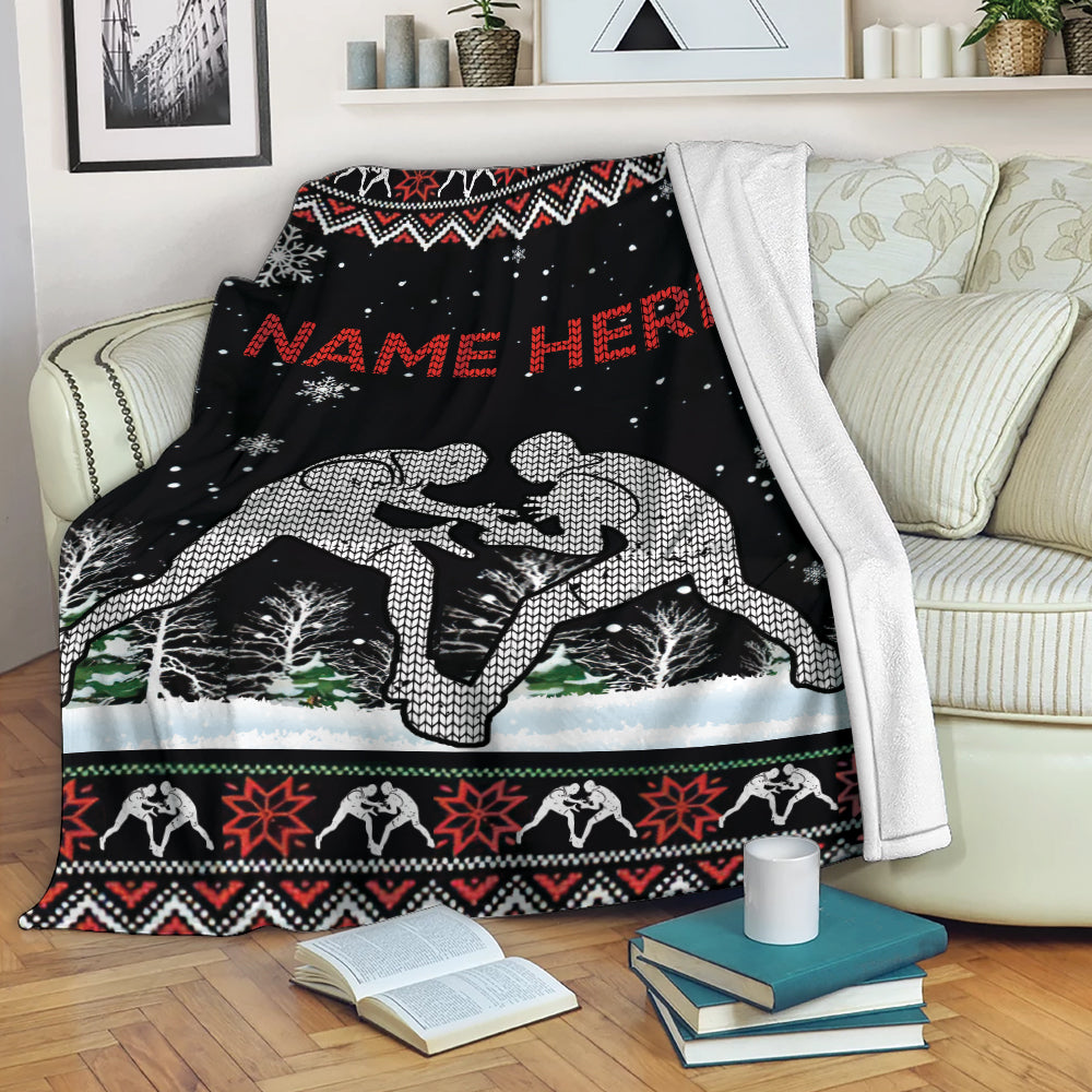 Petmytshirt Wrestling Blanket Ugly Christmas Wrestler Sherpa Fleece Blanket Custom Name Soft Cozy Plush Throw Blanket Christmas Gift