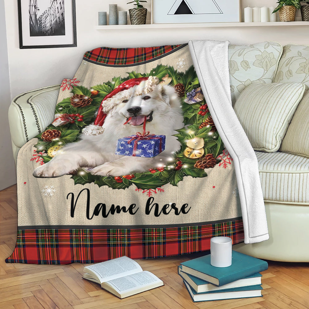 Petmytshirt Great Pyrenees Blanket Wearing Christmas Hat and Wreath Sherpa Fleece Blanket Soft Cozy Plush Throw Blanket Christmas Gift